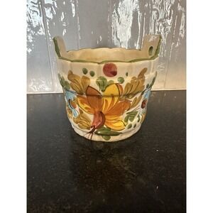 Vtg Hand Painted In Italy Porcelain Flower Pot W/Handles Made For FTD, 5x5.25"